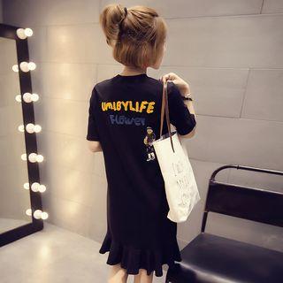 Short-sleeve Embroidered Ruffle Hem T-shirt Dress