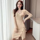 Long-sleeve V-neck Single-breasted Asymmetric Plain Knit Dress