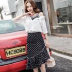 Set: Mock Two Piece Dotted Panel Elbow Sleeve Shirt + Dotted Midi Skirt