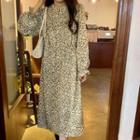 Long-sleeve Flower Print Midi A-line Dress Floral - Beige Almond - One Size