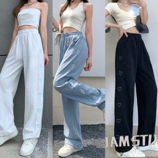 Heart-embroidered Drawstring Loose Sweatpants
