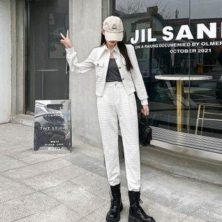 Set: Long Sleeve Button-up Knit Jacket + High Waist Tapered Pants
