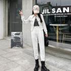 Set: Long Sleeve Button-up Knit Jacket + High Waist Tapered Pants
