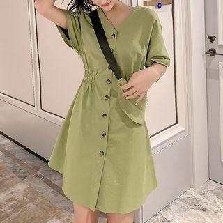Elbow-sleeve Plain Button-back High-waist A-line Skirt