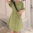 Elbow-sleeve Plain Button-back High-waist A-line Skirt