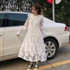 Plain Peter-pan Collar Lace Long-sleeve Dress White - One Size