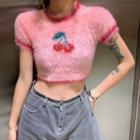 Short-sleeve Cherry Print Fluffy Crop Top