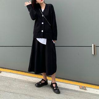 Irregular Long-sleeve Top / Single Breasted Cardigan / Plain Midi Skirt