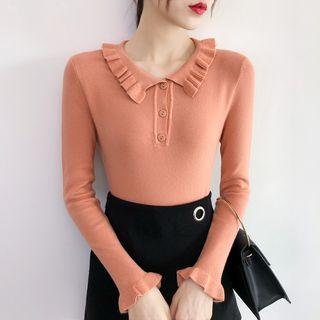 Ruffled Polo Neck Knit Top