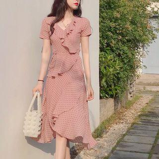Dotted Frill Trim Short Sleeve Chiffon Dress