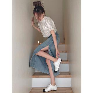 High Waist Slit Washed Denim Maxi Skirt