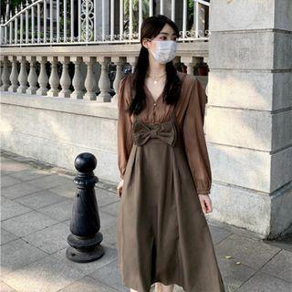 V-neck Blouse / Bow Spaghetti-strap Dress