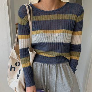 Round-neck Stripe Ribbed Knit Top