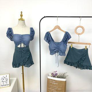 Ruffled Short-sleeve Cropped Swim Top / Swim Skirt / Swim Dress / Set