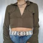 Bell-sleeve Collar Pocket Button-up Crop Top