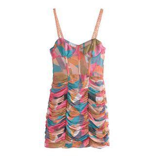 Spaghetti Strap Color Block Shirred Mini Dress