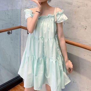 Frill-hem Off-shoulder Dress Mint - One Size