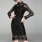Mock Turtleneck Long-sleeve Lace Sheath Dress