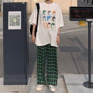 Printed Short-sleeve T-shirt / Plaid Straight Fit Pants