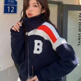 Oversize Color Block Lettering Stand-collar Cardigan