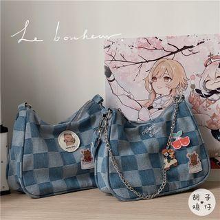 Checkered Denim Shoulder Bag / Bag Charm / Set