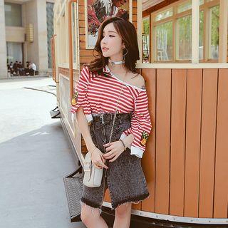 Set: Embroidered Stripe Elbow-sleeve Top + Denim Skirt