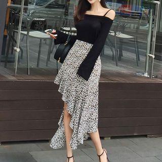 Set: Long-sleeve Cold-shoulder Knit Top + Leopard Print Asymmetrical Pencil Skirt