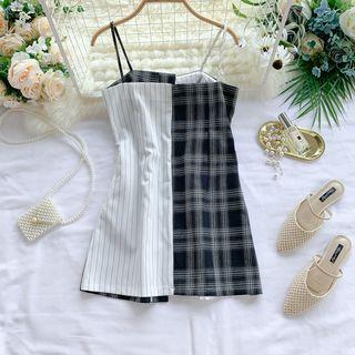 Spaghetti Strap Pattern Paneled Mini Dress As Shown In Figure - One Size