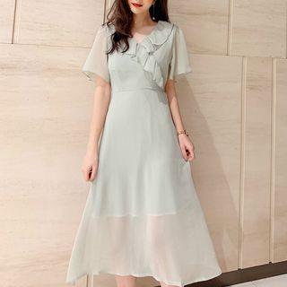 Short-sleeve V-neck Ruffle Dress
