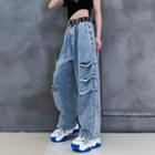 Wide Leg Distressed Jeans Blue - One Size