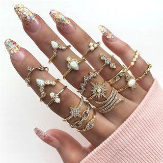 Set Of 17: Rhinestone Ring (assorted Designs) 8920 - Set - Gold & White - One Size