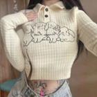 Long-sleeve Rabbit Print Polo Shirt