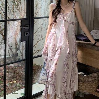 Spaghetti Strap Floral Midi A-line Dress Purple Floral - White - One Size