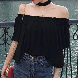 Off Shoulder Short-sleeve Top Black - One Size