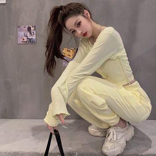 Long-sleeve Plain Cropped T-shirt / Tube Top / Harem Sweatpants