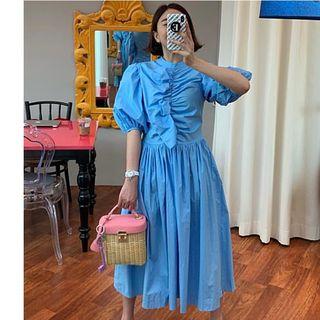 Puff-sleeve Midi Crinkled A-line Dress Blue - One Size