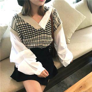 Mock Two-piece Checked Top As Shown In Figure - One Size