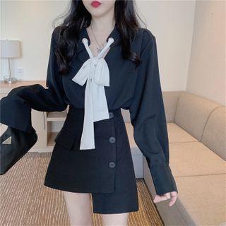 Tie-neck Blouse / Wrap A-line Skirt