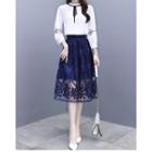 Set: Embroidered 3/4-sleeve Blouse + Embroidered Midi A-line Skirt
