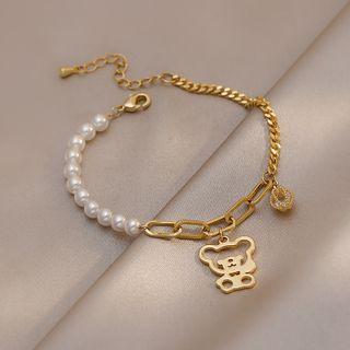 Bear Pendant Faux Pearl Alloy Bracelet