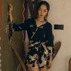 3/4-sleeve Crane Print Wide Leg Playsuit