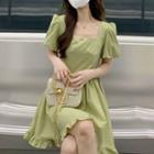 Puff-sleeve Square Neck Ruffled A-line Dress