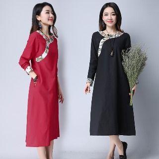 Long-sleeve Floral Trim Dress
