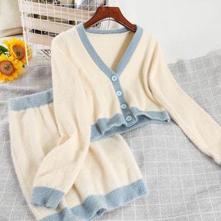 Set: Contrast Trim Cardigan + Knit Mini Pencil Skirt Set - Almond - One Size