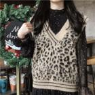 Long-sleeve Dotted A-line Midi Dress / Leopard Print Knit Vest