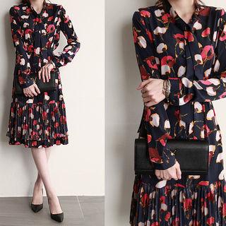 Tie-neck Floral Midi Dress With Sash