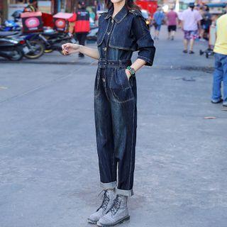 3/4-sleeve Denim Jumpsuit