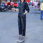 3/4-sleeve Denim Jumpsuit