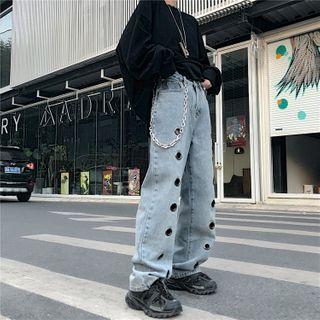 Grommet Washed Wide Leg Jeans