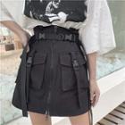 Buckled Strap Pockets Zip-up A-line Paperbag Cargo Mini Skirt